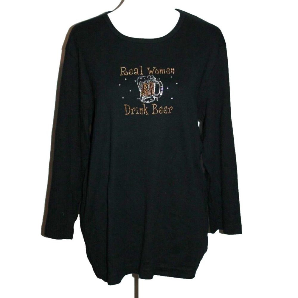 Real Women Drink Beer Slogan in Rhinestones 3/4 Sleeve T-shirt XL Black NEW